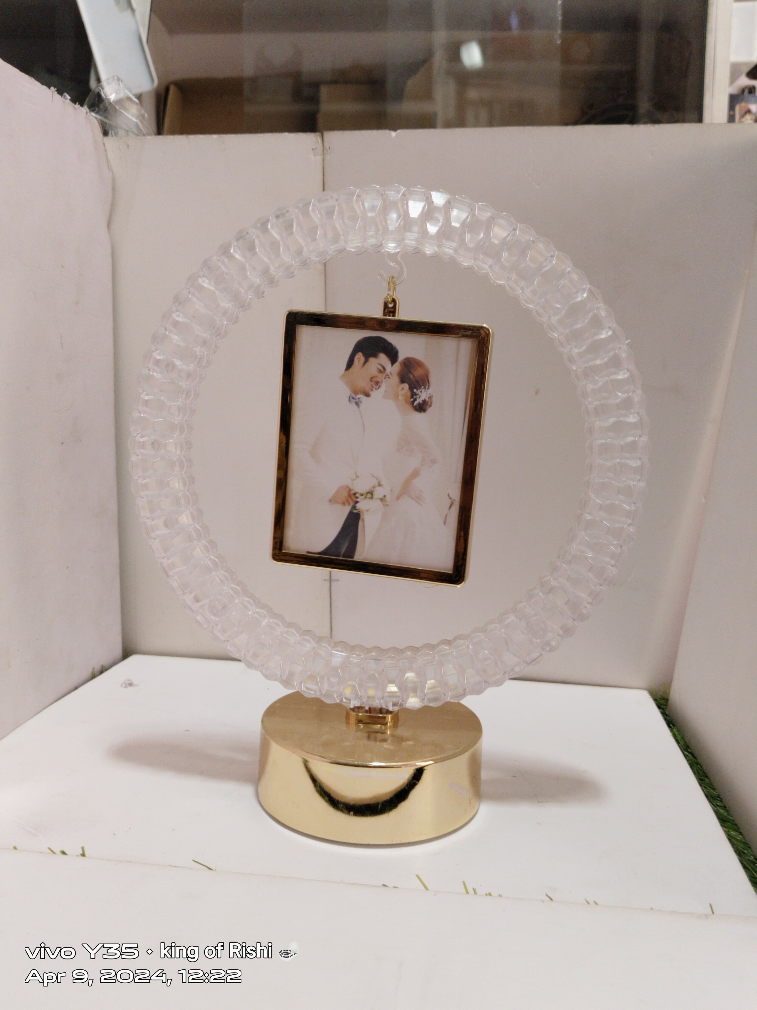 Crystal LED Light Photo Frame Round Shape Hanging | Both Side Custom Photo Touch Base Modern Photo F